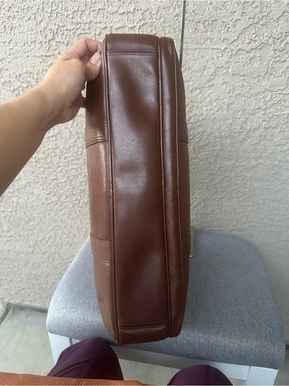 MCM Cognac Leather Briefcase with Gold Plaque